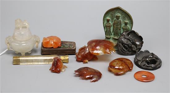 A group of Chinese agate and chalcedony carvings, plaques etc